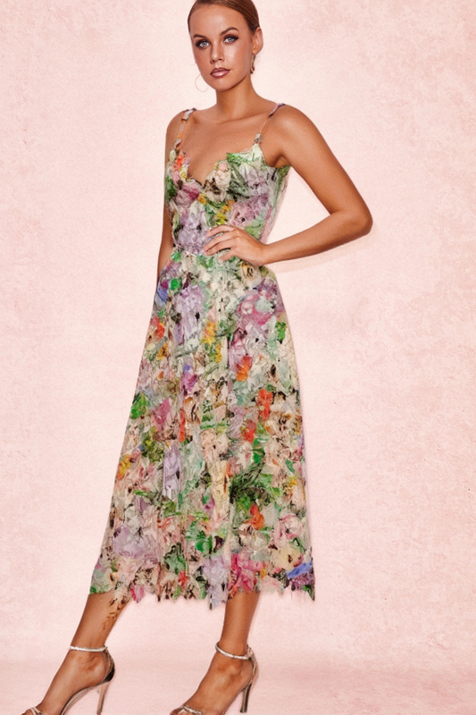 COLORFUL HOLLOW LACE MIDI DRESS