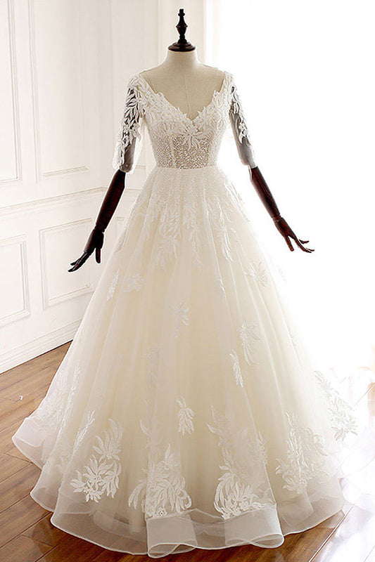White v neck tulle lace prom dress