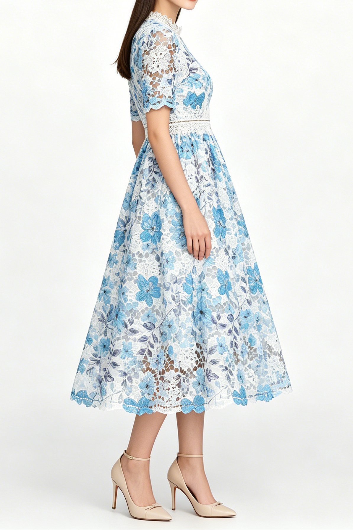 Blue Floral Hollow Lace High Neck Short Puff Sleeve Midi A-Line Dress