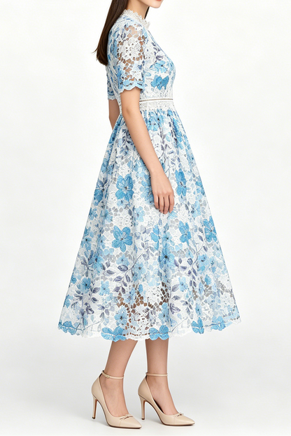 Blue Floral Hollow Lace High Neck Short Puff Sleeve Midi A-Line Dress