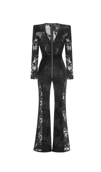 diamond three-dimensional flower jumpsuit in black