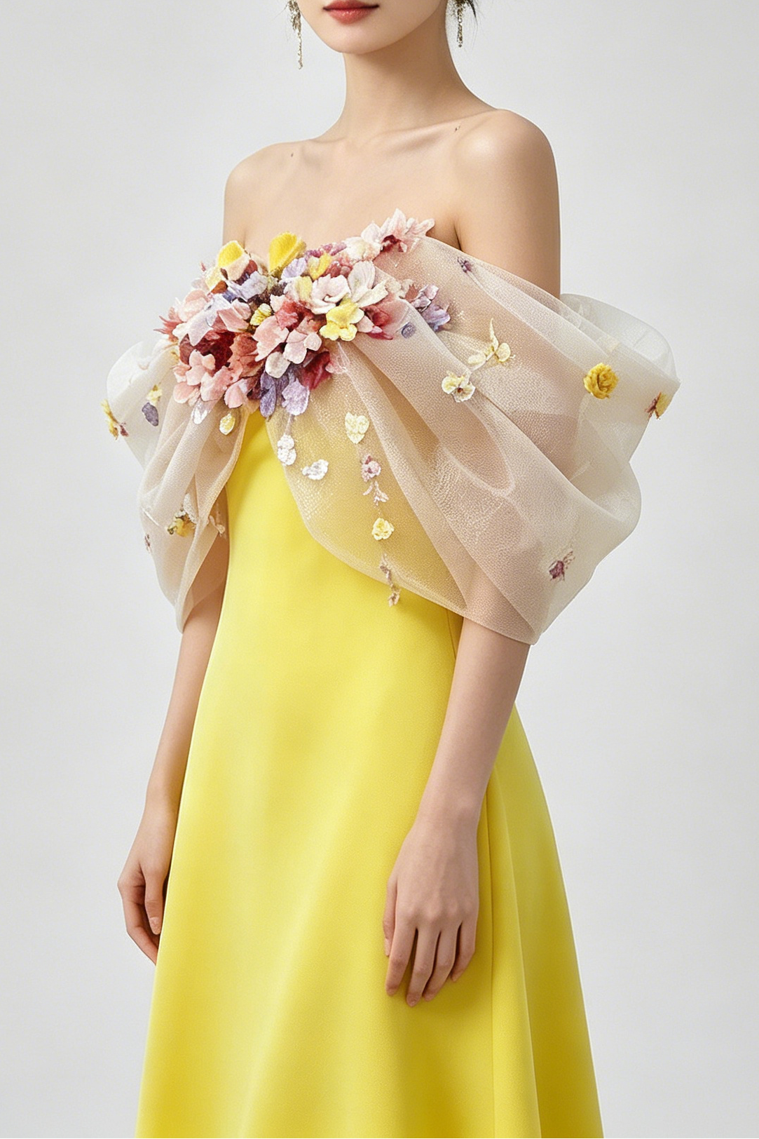 Bright Yellow Satin Strapless Maxi Gown With 3D Colorful Floral Tulle Bust