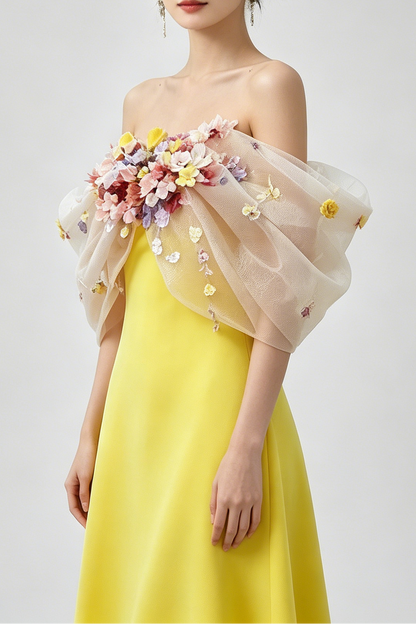 Bright Yellow Satin Strapless Maxi Gown With 3D Colorful Floral Tulle Bust