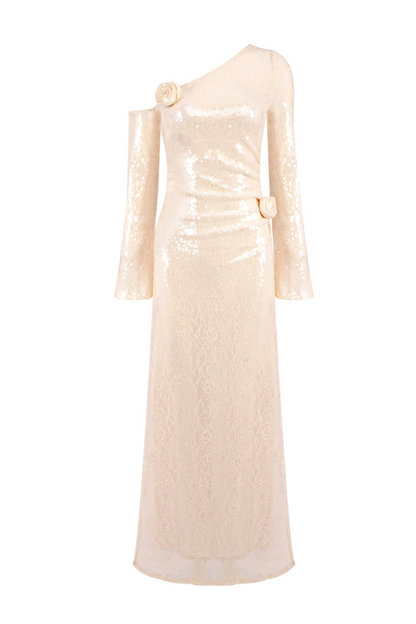 one-shoulder flower embellished sequin maxi dress in apricot