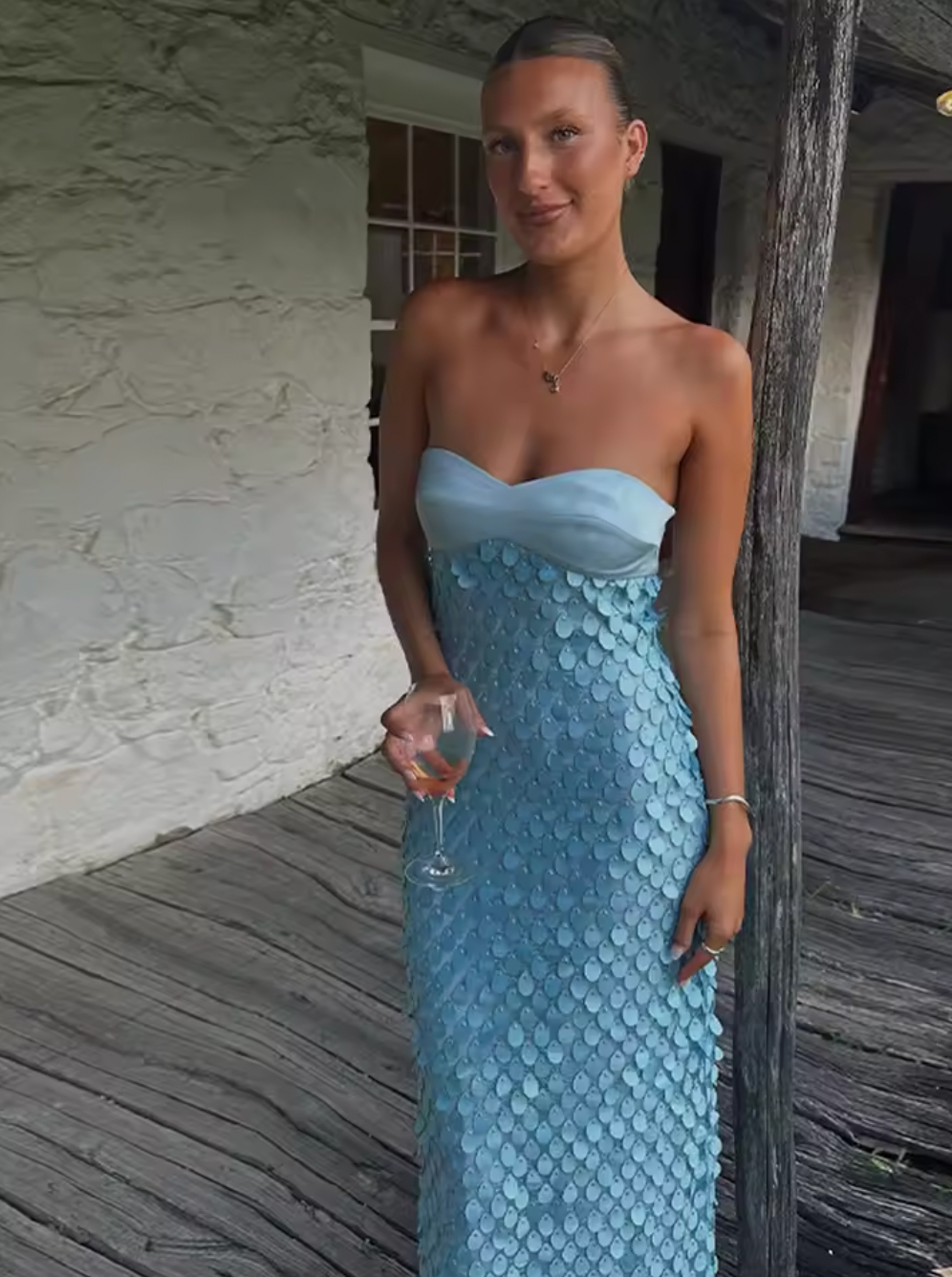 iris Lace sequin backless maxi dress in blue