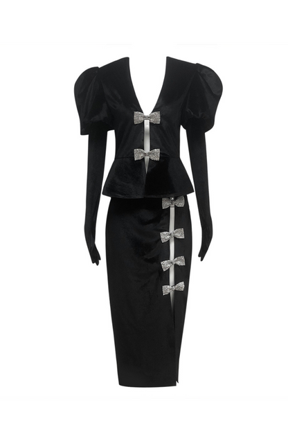 victoria cut out bow mini dress set in black