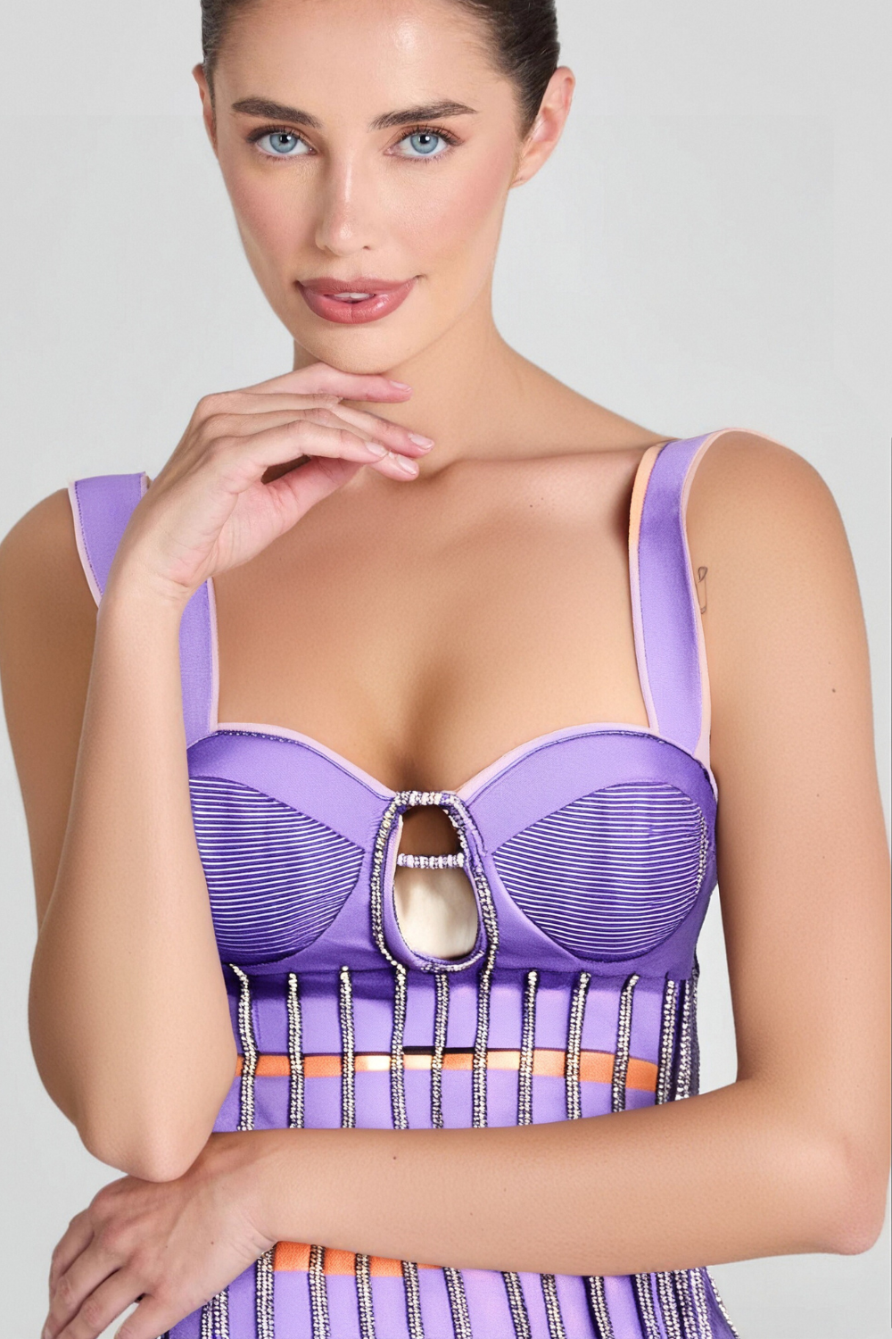 CRYSTAL TASSEL BANDAGE MINI DRESS IN PURPLE