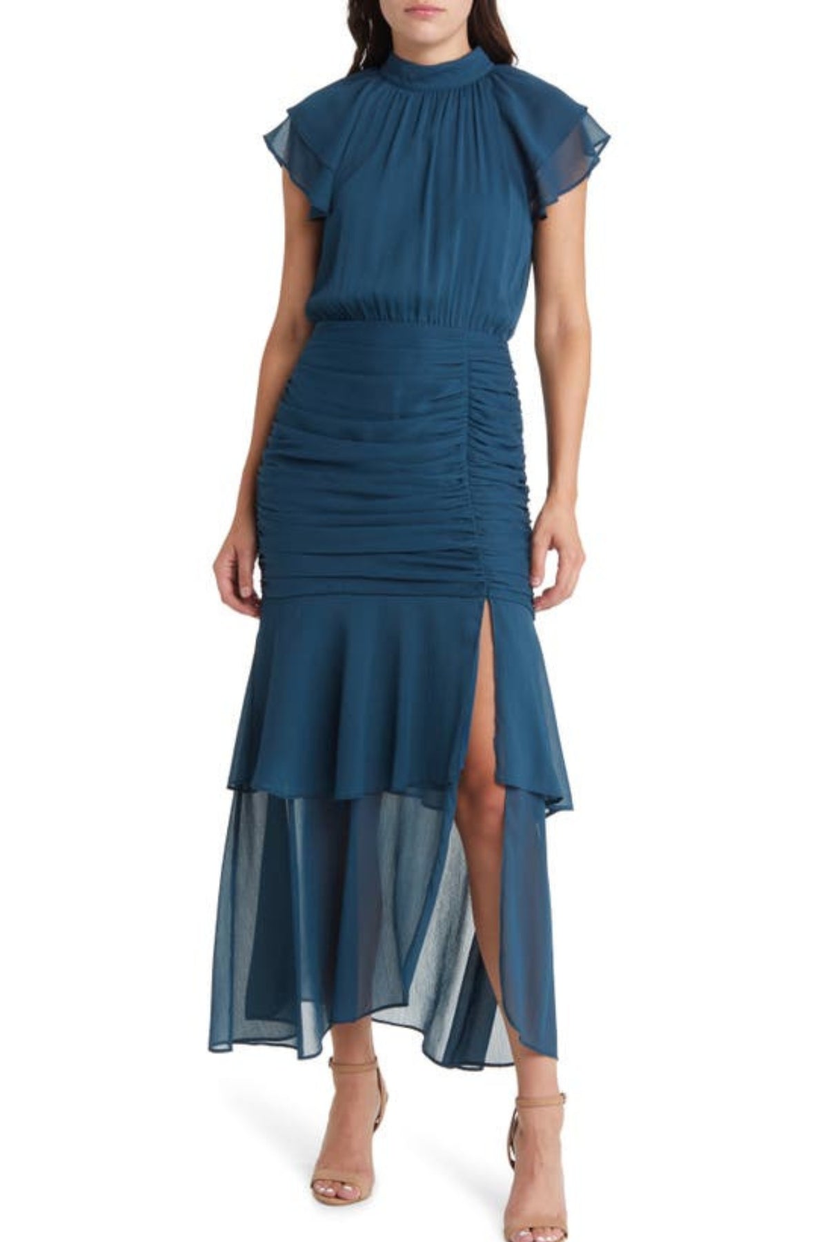 Ruched Ruffle Chiffon Maxi Dress In Teal