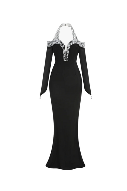 Halter Pearl Crystal-Trim Gown in black