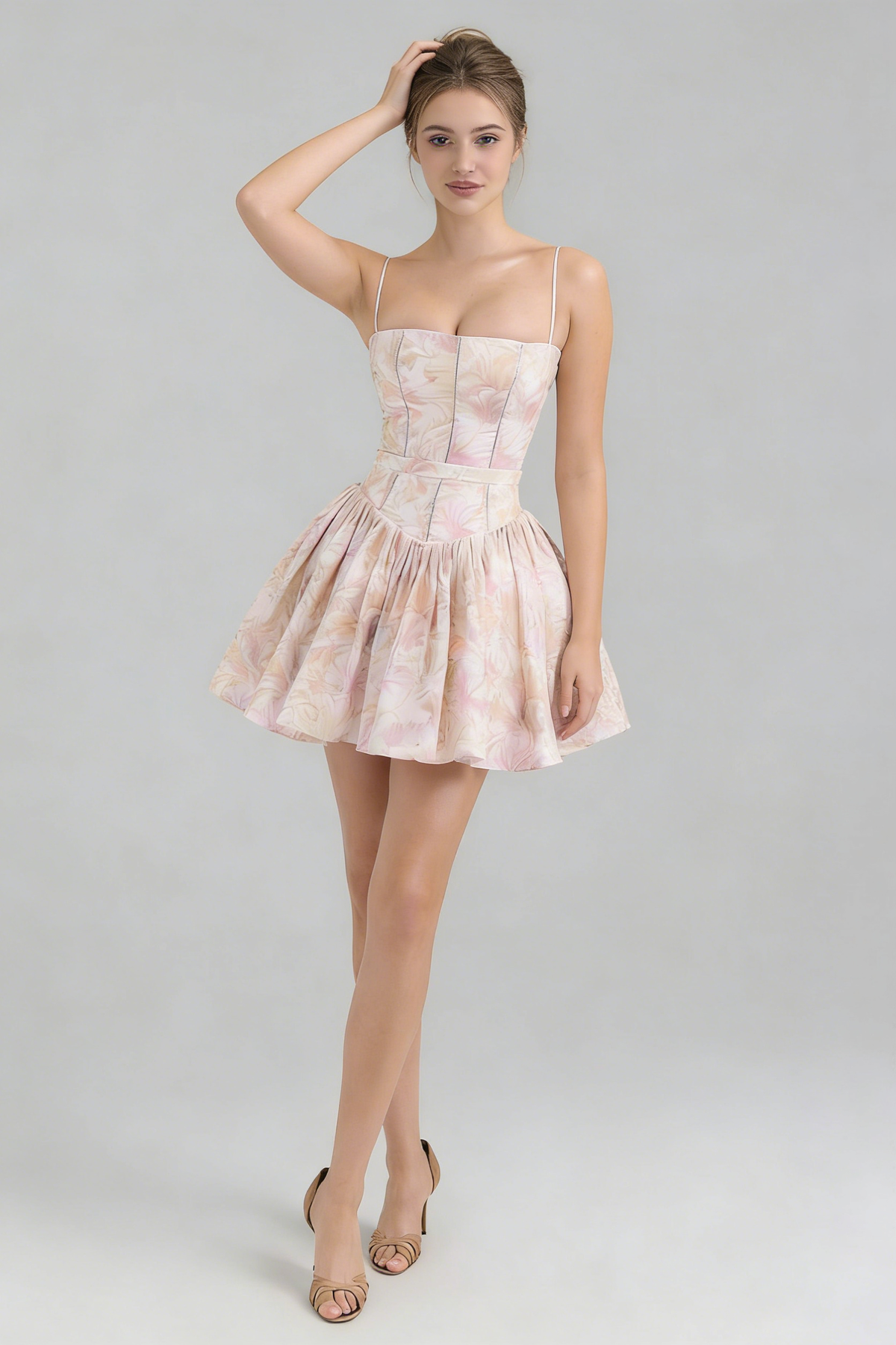 Helen Floral Stretch Cotton Mini Dress - Peach