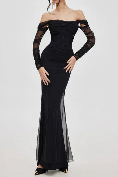 Ariel black Mesh Off-Shoulder Mermaid maxi Dress
