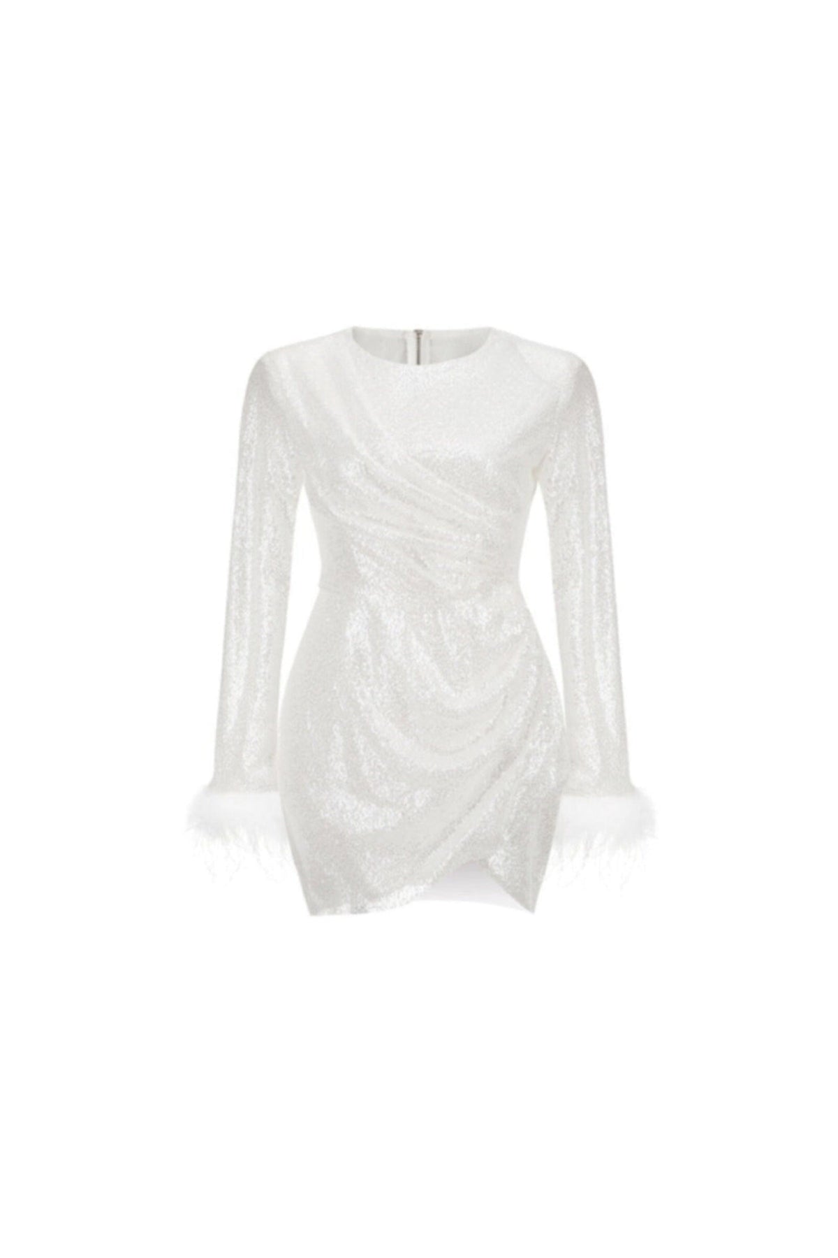 SEQUINED FEATHER MINI DRESS IN WHITE