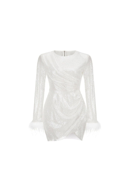 SEQUINED FEATHER MINI DRESS IN WHITE
