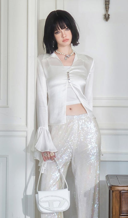 White Satin Ruffle Sleeve Cinched Waist Shirt