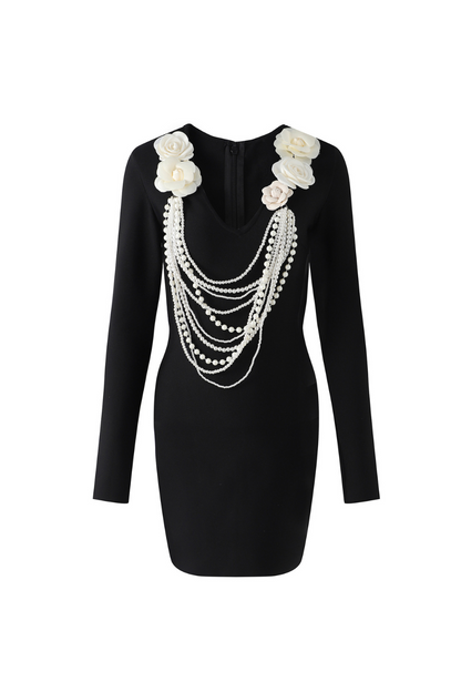 alisa pearl flower embellished bandage mini dress in black