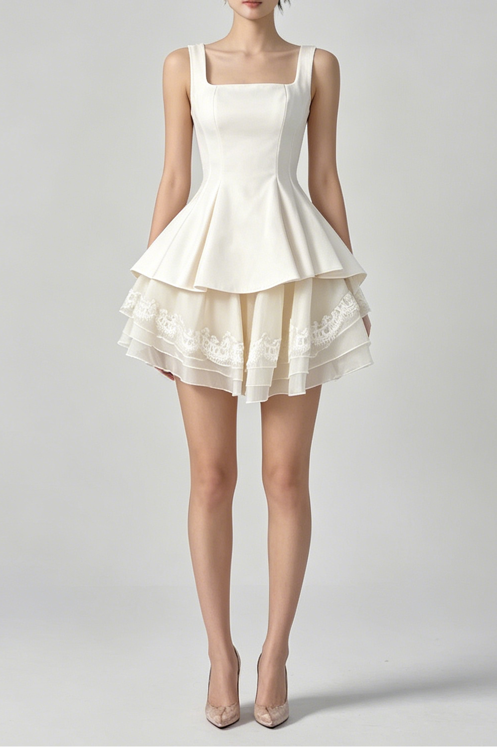 White Square Neck Corset Layer Lace Mini Dress
