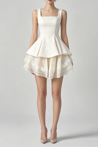 White Square Neck Corset Layer Lace Mini Dress