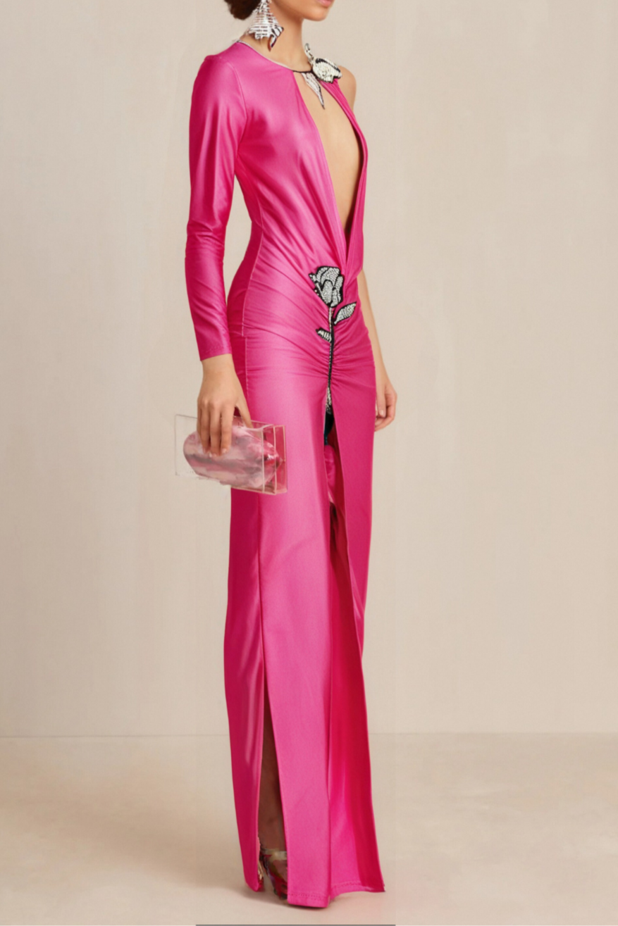 CRYSTAL FLOWER CUTOUT RUCHED DRESS