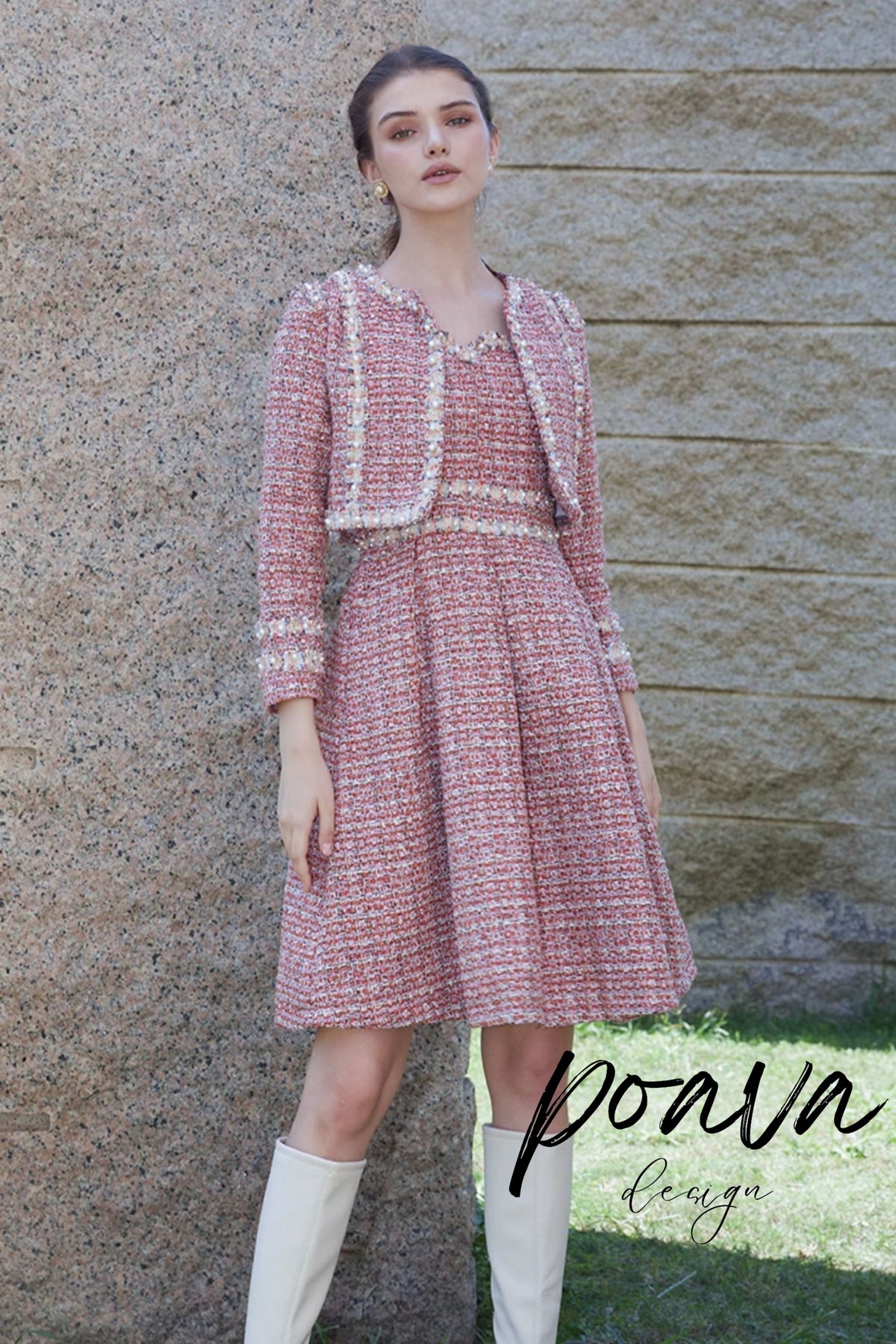 Embellished tweed dress set in pink