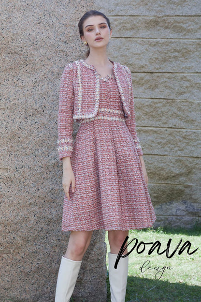 Embellished tweed dress set in pink