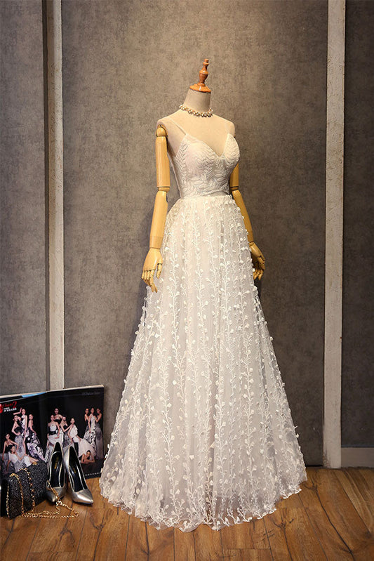 White v neck lace prom dress