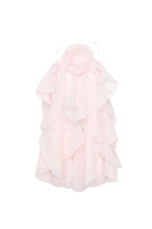 lorraine Halter Floral Ruffle Layered Mini Dress in Pink
