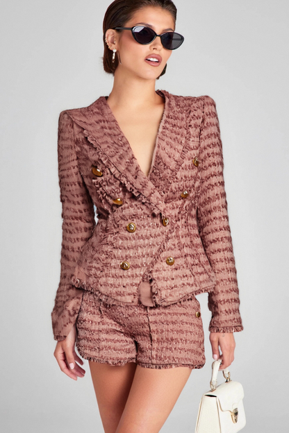 FRINGE KNITTED BLAZER IN BROWN