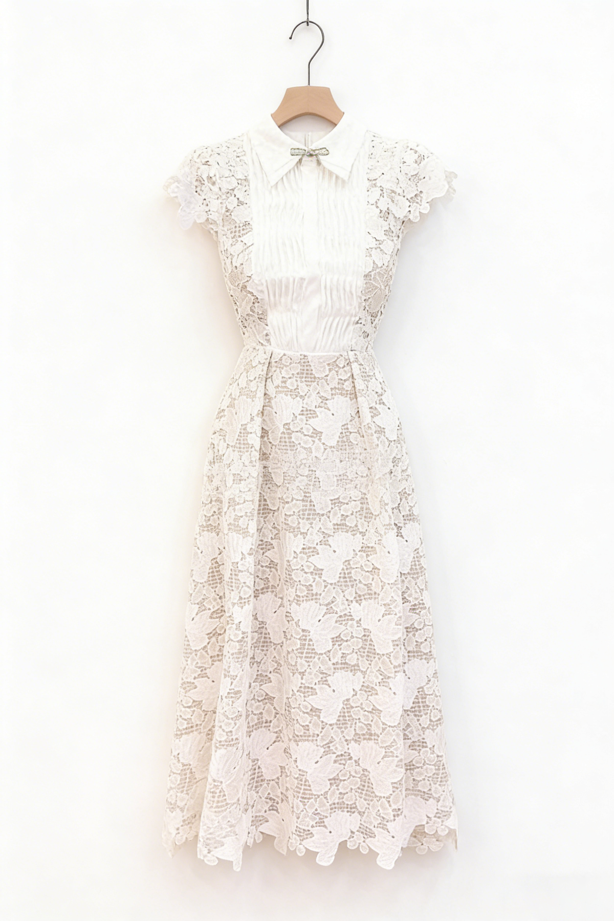 leila white 3D Flower embroidery Bow Lace midi Dress