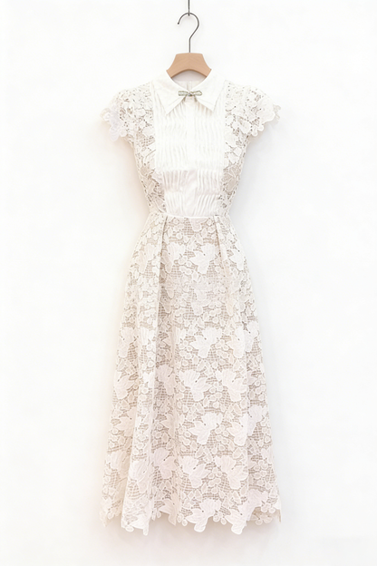 leila white 3D Flower embroidery Bow Lace midi Dress