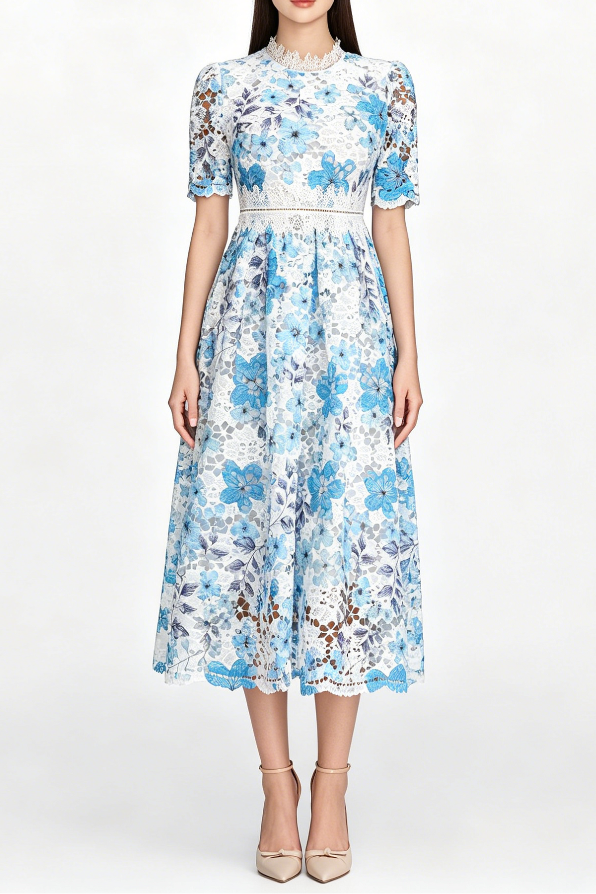 Blue Floral Hollow Lace High Neck Short Puff Sleeve Midi A-Line Dress