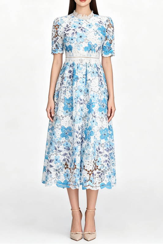 Blue Floral Hollow Lace High Neck Short Puff Sleeve Midi A-Line Dress