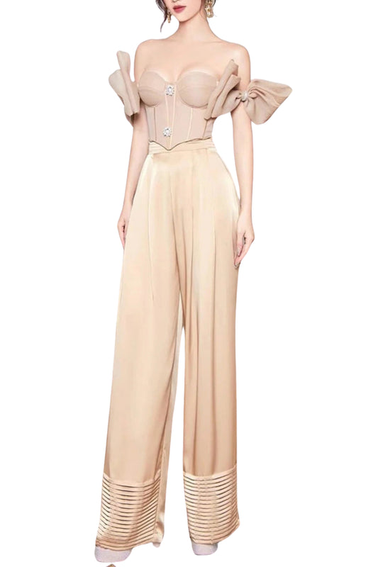 SATIN CORSET TWO PIECES SUIT IN KHAKI