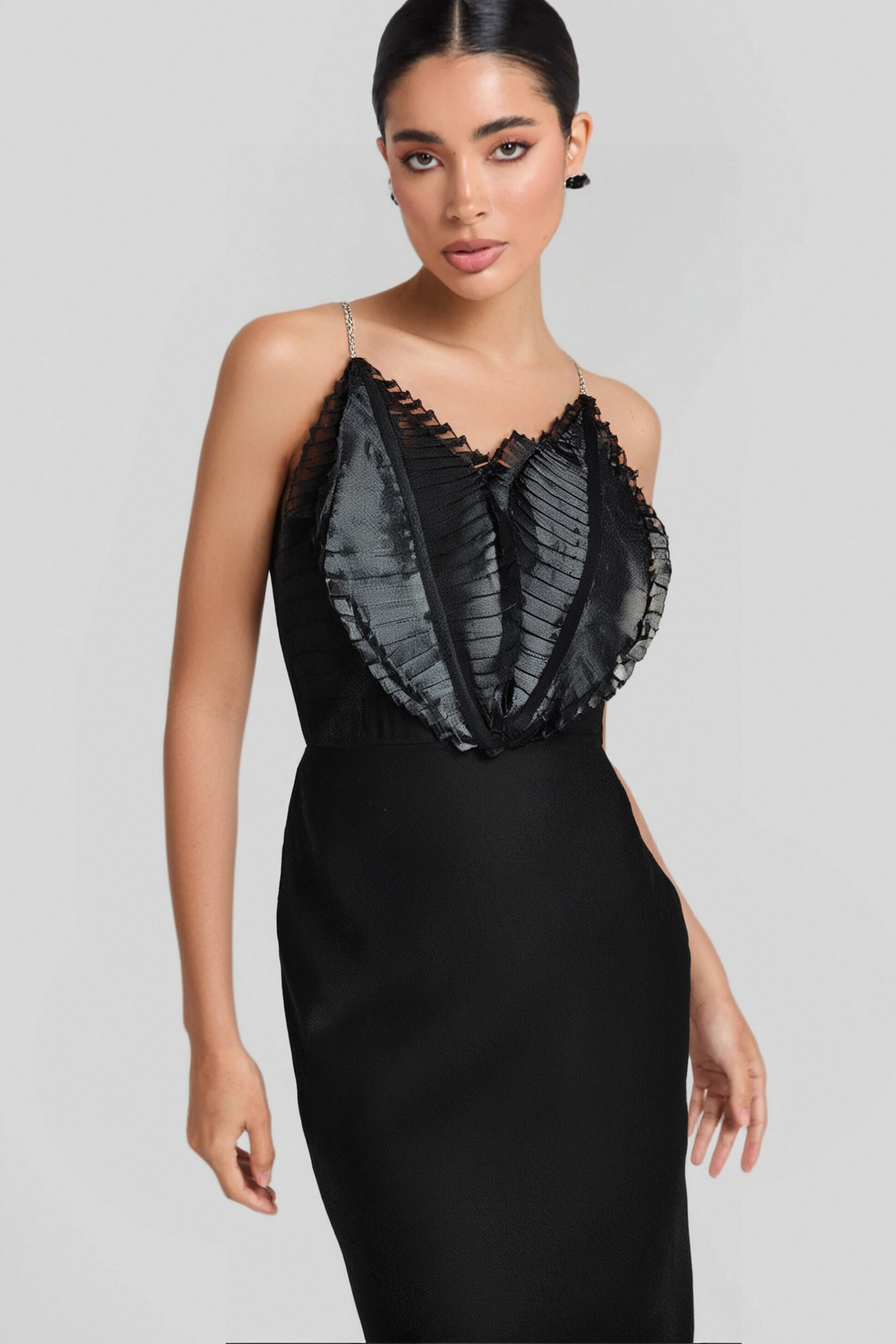 BLACK STRAPLESS LEAVES CORSET MIDI BANDAGE DRESS
