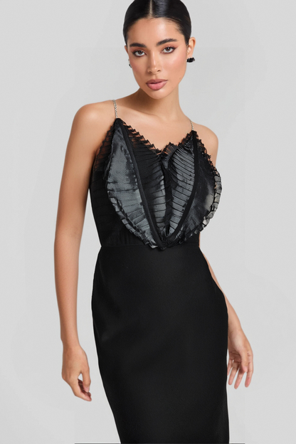 BLACK STRAPLESS LEAVES CORSET MIDI BANDAGE DRESS