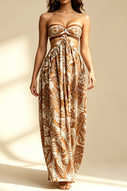 Boho Paisley Print Strapless Tube Top Cutout Flowy Maxi Dress