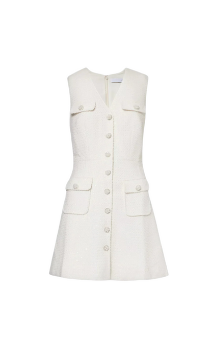 Bouclé pearl-buttons knitted mini dress in white