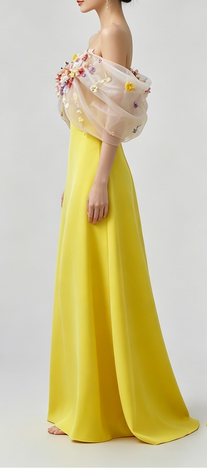 Bright Yellow Satin Strapless Maxi Gown With 3D Colorful Floral Tulle Bust
