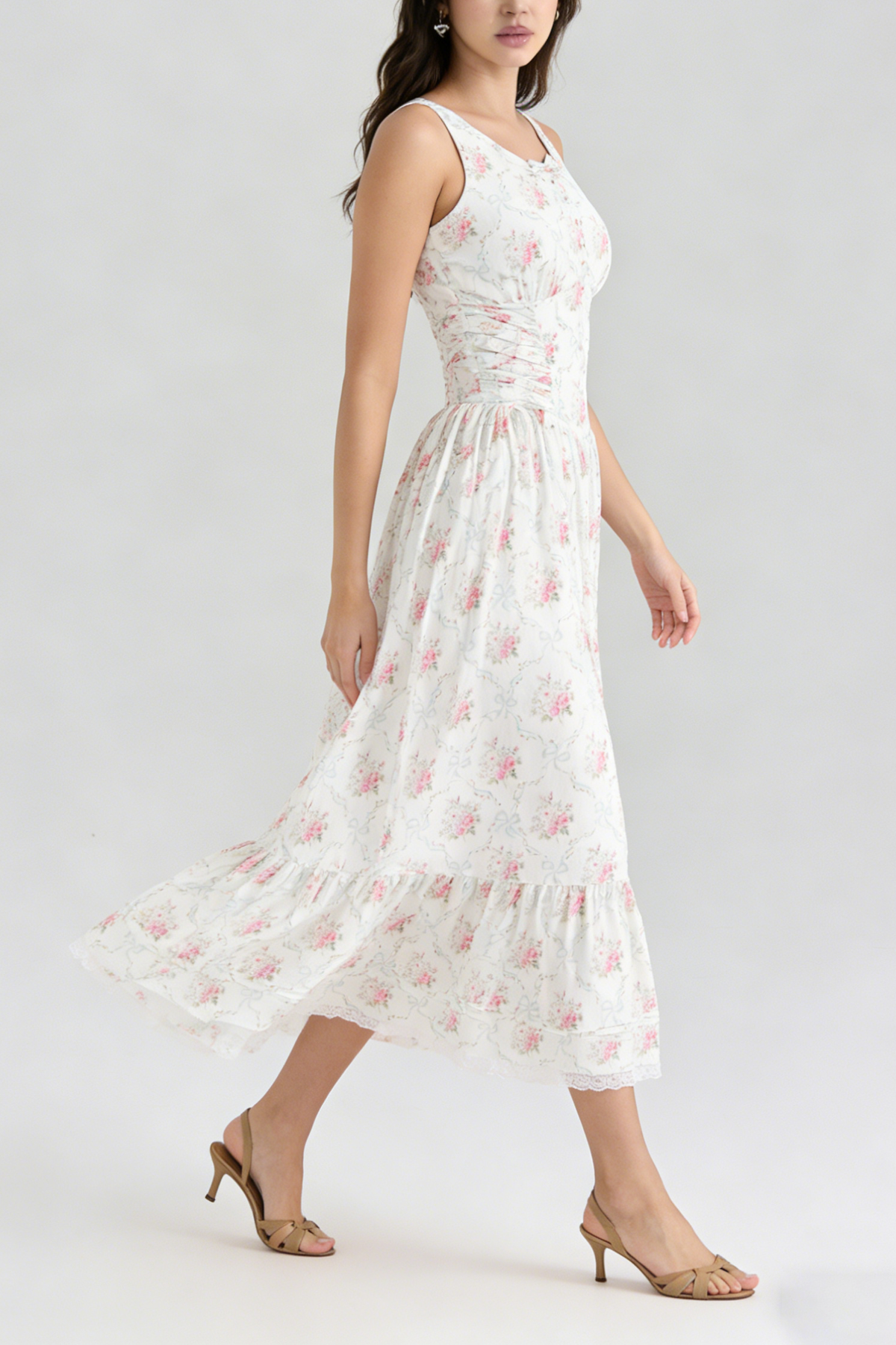 Hedy Elastic Printed Tie-Waist Midi Dress——pink