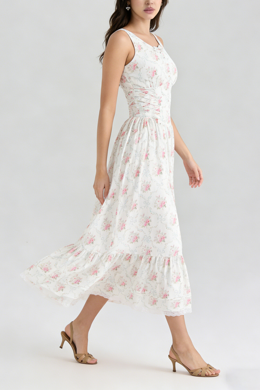 Hedy Elastic Printed Tie-Waist Midi Dress——pink