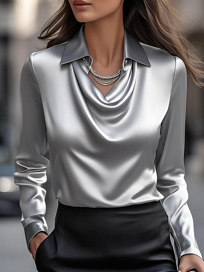 Elegant White Satin Blouse with Draped Neckline