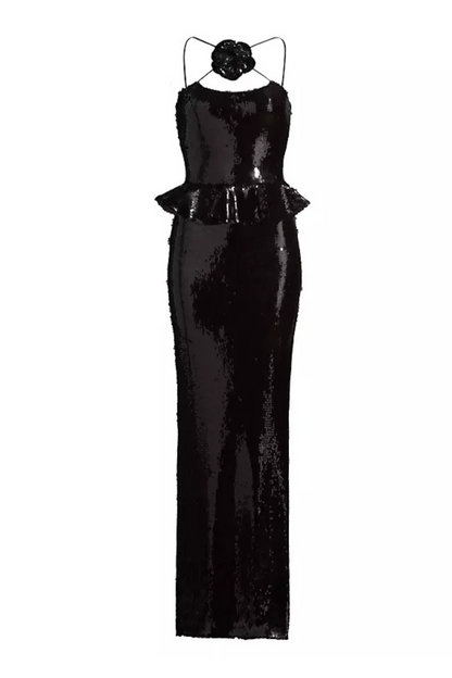 peplum waist sequin maxi dress in black