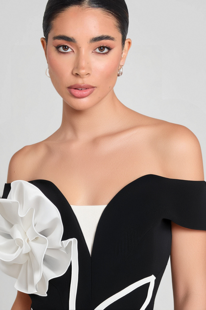 TINA 3D FLOWER EMBELLISHED STRAPLESS HALTER MINI DRESS