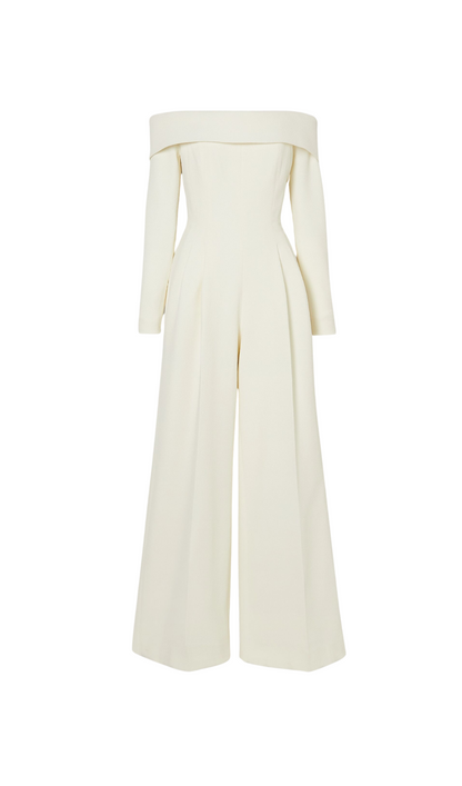 Vesper off-the-shoulder crepe jumpsuit in ivory