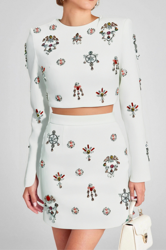 WHITE RHINESTONE EMBELLISHED SKIRT SET