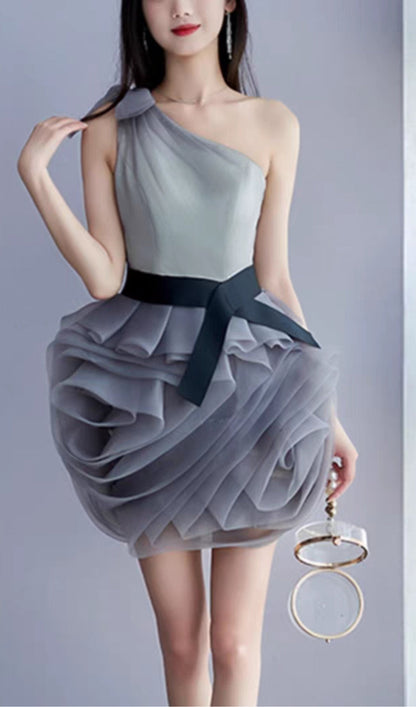 ONE SHOULDER MESH MINI DRESS IN GREY