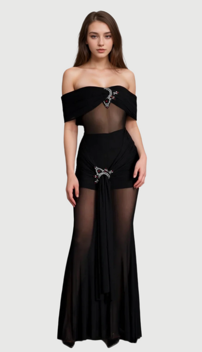 LOGILIS CRYSTAL SHEER MESH DRESS IN BLACK
