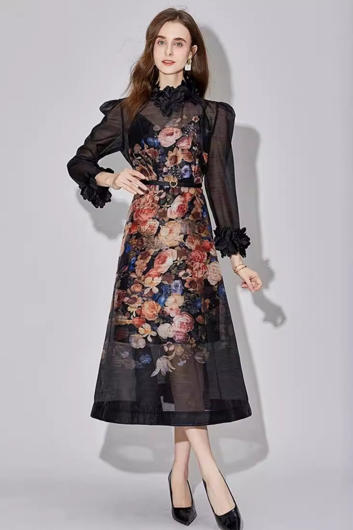 Black mesh flower maxi dresses