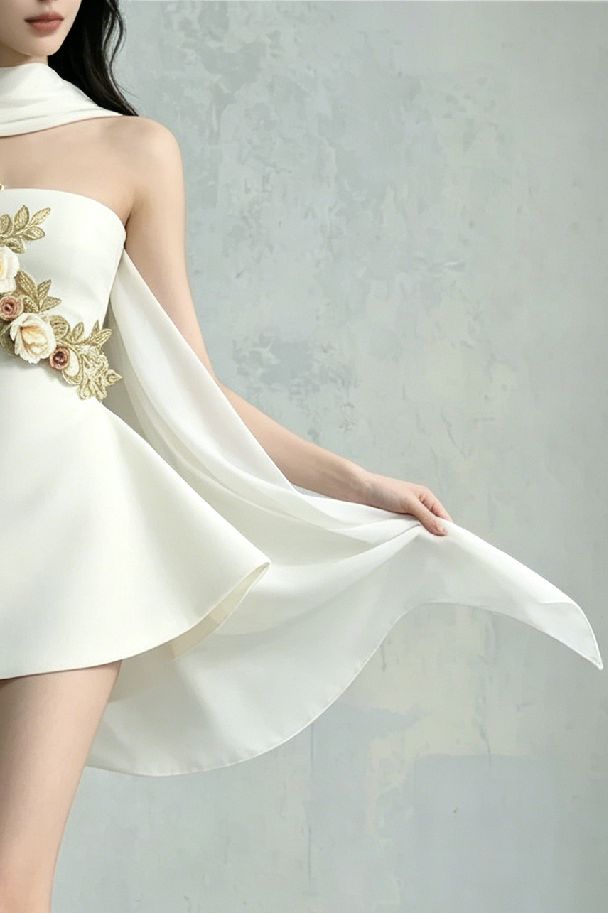 Calwa Scarf Strapless Flower Embroidered Flare Mini Dress