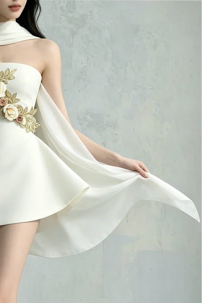 Calwa Scarf Strapless Flower Embroidered Flare Mini Dress