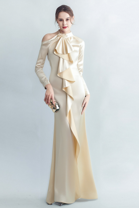 RAE CHAMPAGNE ONE-SHOULDER RUFFLE EMBELLISHED MAXI DRESS